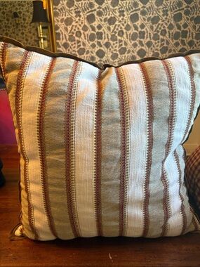 Studio McGee Striped Accent Pillow in Beige, White & Burgundy Trim